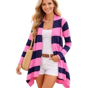 Lilly Pulitzer Open Front Cardigan Sweater XS Pink Navy